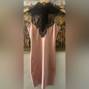 Elegant Pink Midi Dress with Black Lace Detail